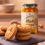 Biscotti dorati su un tagliere accanto al miele millefiori biologico Apicoltura Gardin