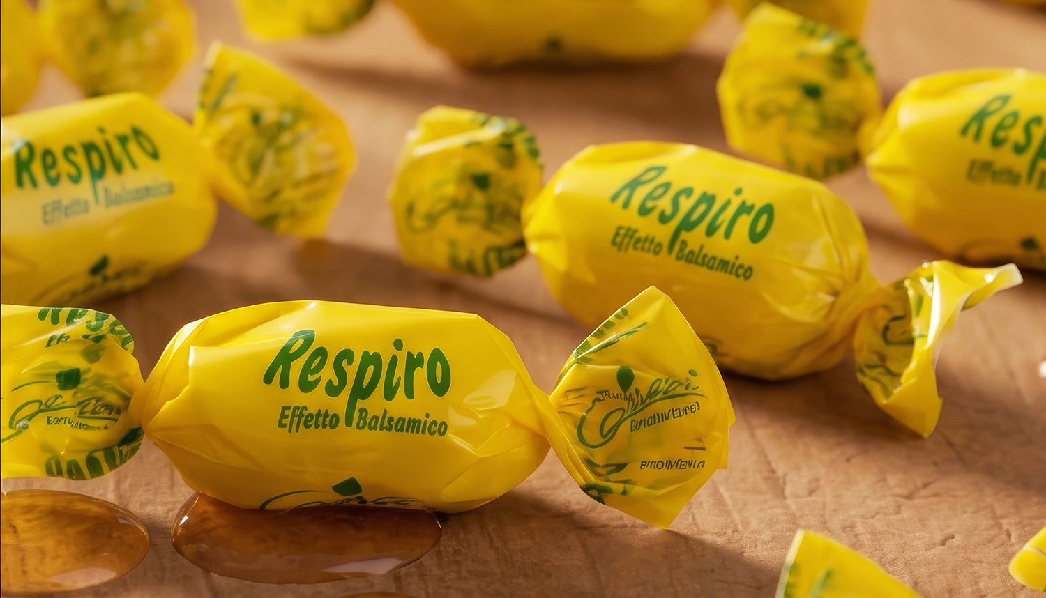 Caramelle balsamiche Respiro Apicoltura Gardin negli incarti gialli su un piano di legno