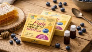 Confezioni di Fiale pappa reale, ginseng e mirtillo Apicoltura Gardin con mirtilli e miele