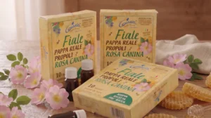 Confezioni di fiale pappa reale propoli e rosa canina Apicoltura Gardin con fiori e miele