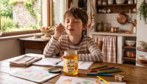 Bambino assaggia il miele di agrumi Apicoltura Gardin al tavolo con quaderni e matite colorate